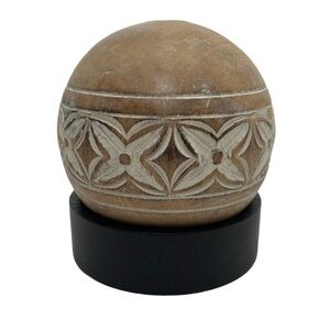 Carved Wooden Sphere Ball on Stand